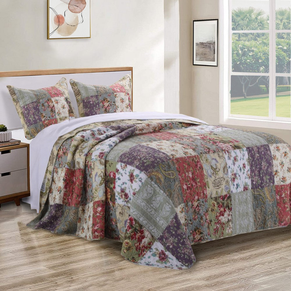 Chicago 3 Piece Fabric Full Bedspread Set with Jacobean Prints, Multicolor By Casagear Home