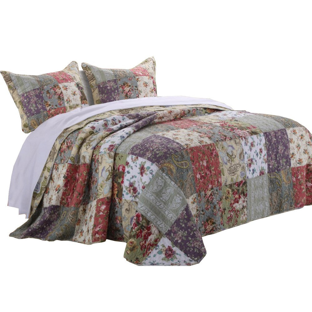 Chicago 3 Piece Fabric Full Bedspread Set with Jacobean Prints, Multicolor By Casagear Home