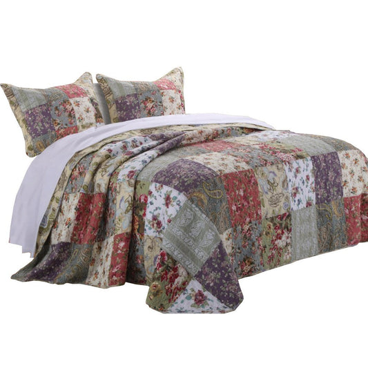 Chicago 3 Piece Fabric King Bedspread Set with Jacobean Prints, Multicolor By Casagear Home