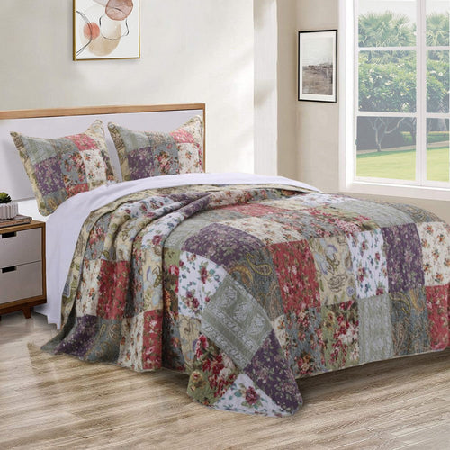 Chicago 3 Piece Queen Size Bedspread Set | Jacobean Prints | Multicolor