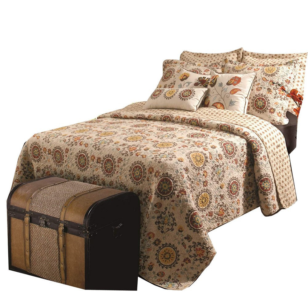 Elbe 5 Piece Queen Size Quilt Set | Medallion & Floral Pattern | Beige & Brown