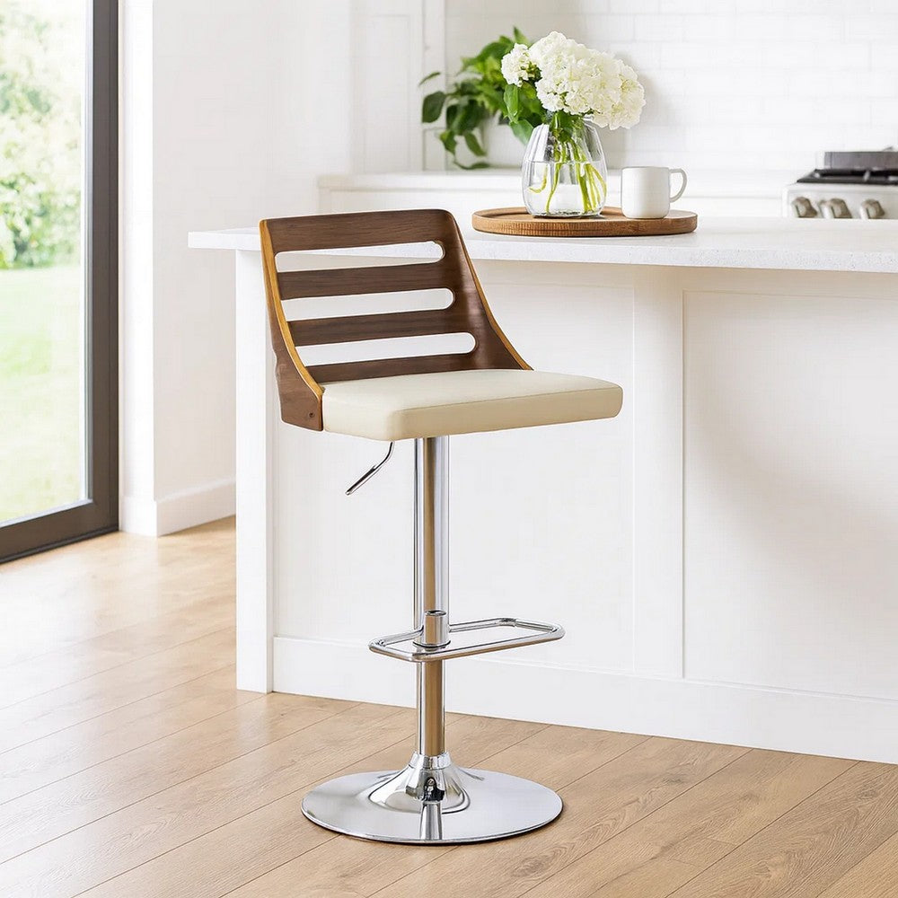 Barstool | Swivel | Wood Cut-Out Back | Pedestal Base | Cream & Chrome