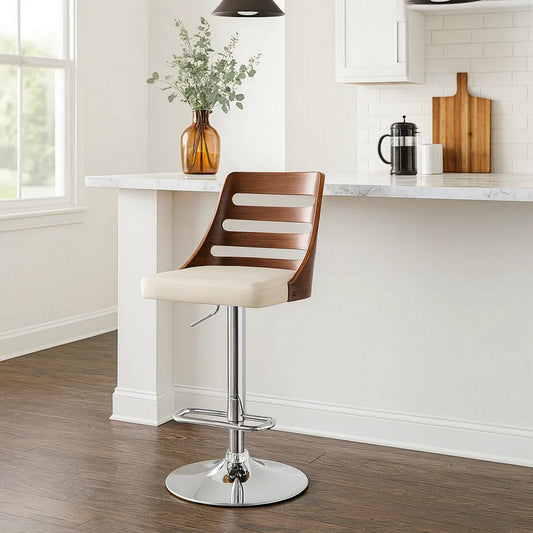 Barstool | Swivel | Wood Cut-Out Back | Pedestal Base | Cream & Chrome