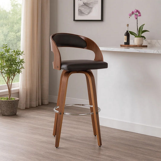 Barstool | 30" | Swivel | Faux Leather | Open Back | Brown