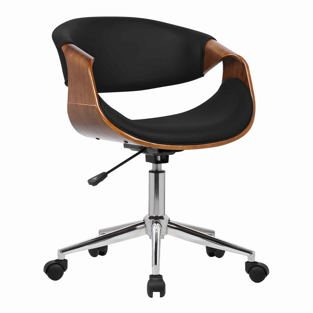 Curved Leatherette Wooden Frame Adjustable Office Chair, Brown and Black By Casagear Home