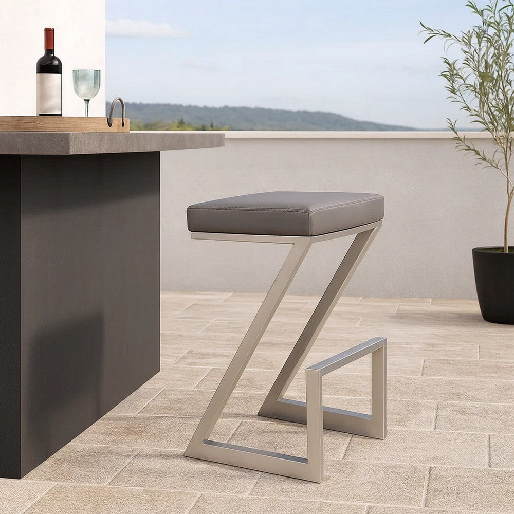 Barstool | Z-Shaped | Metal | Backless | Padded Seat | Silver & Gray