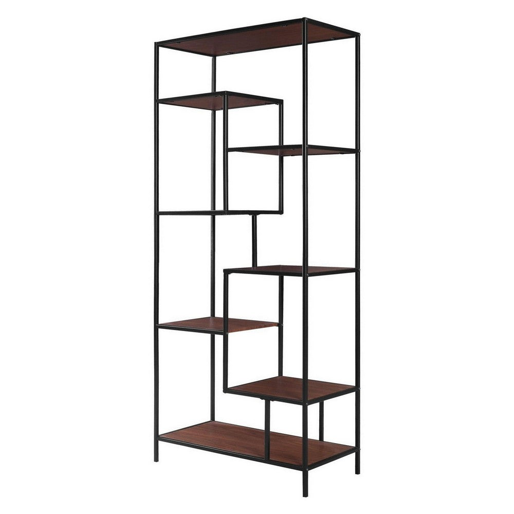 Metal Framed Bookcase With Open Shelves, Black And Brown