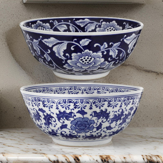 2 Piece Ceramic Bowl Set | Round | Floral Print | Blue & White