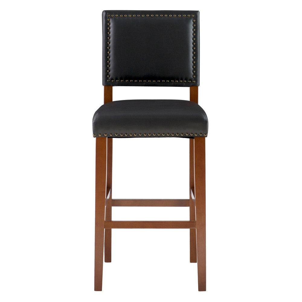 Nailhead Leatherette Bar Stool with Rectangular Backrest Black and Brown By Casagear Home BM16624