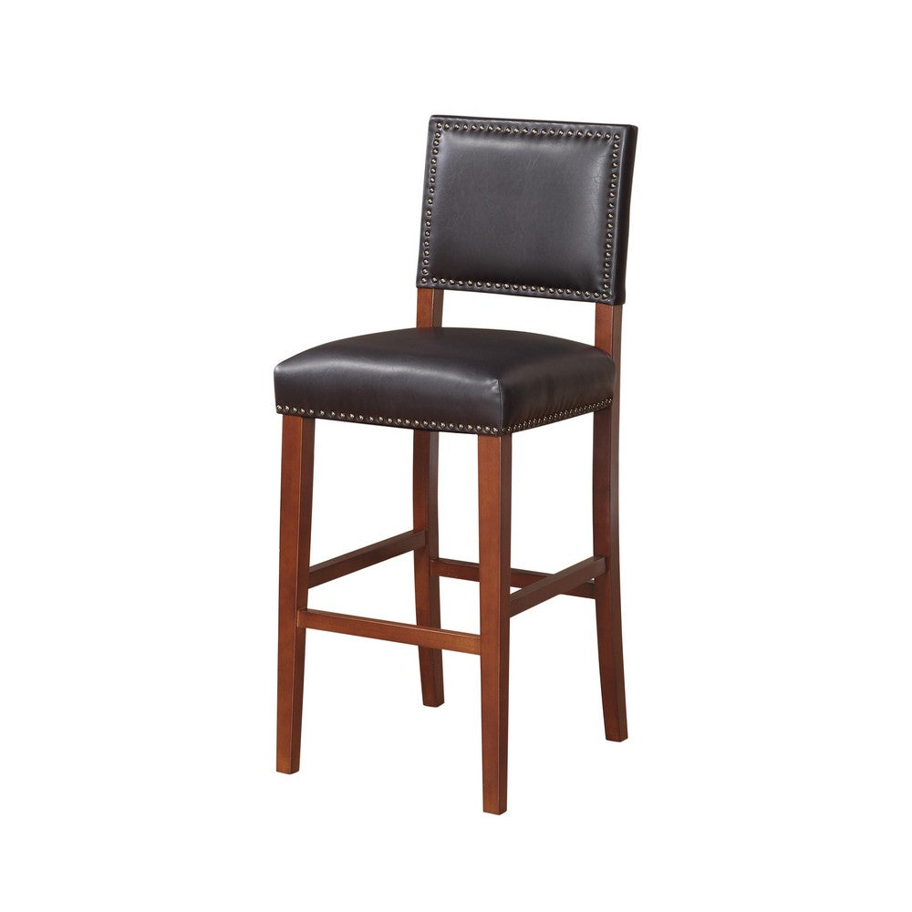 Barstool | Nailhead Trim | Faux Leather | Rectangular Back | Black & Brown