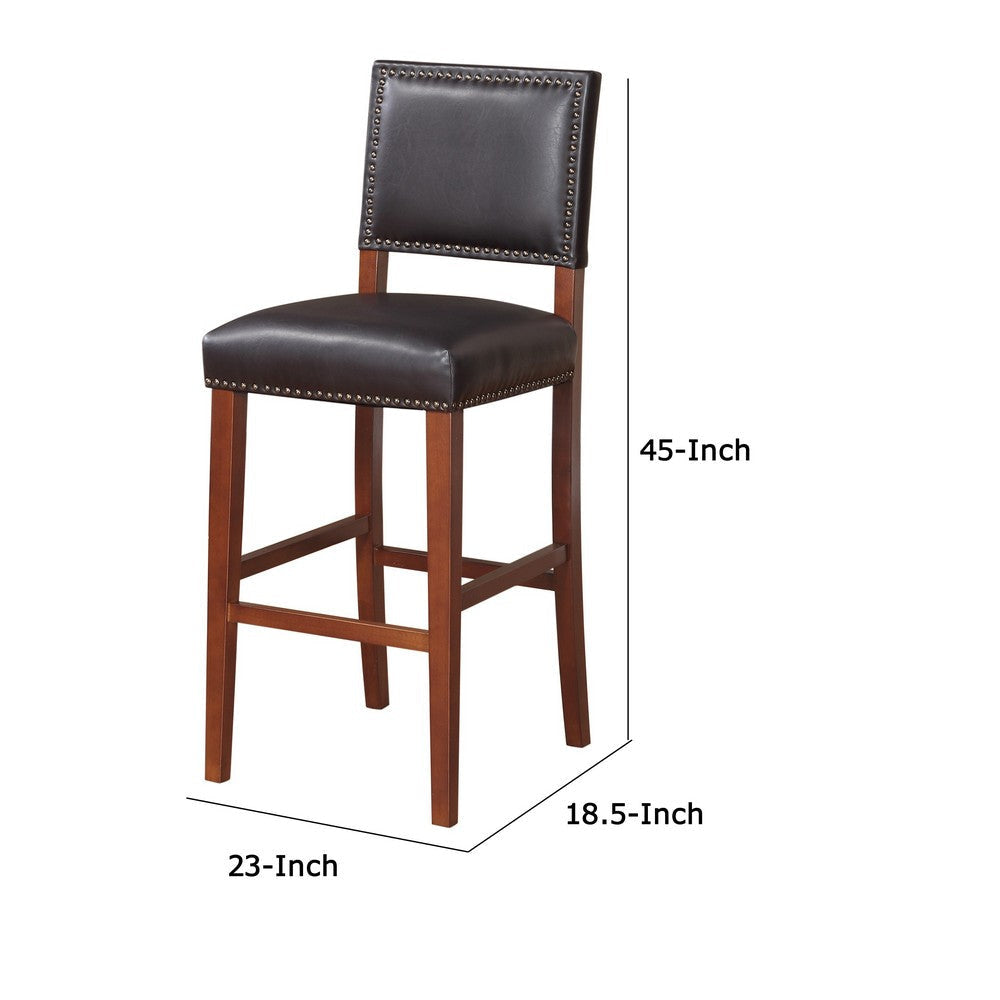 Nailhead Leatherette Bar Stool with Rectangular Backrest Black and Brown By Casagear Home BM16624