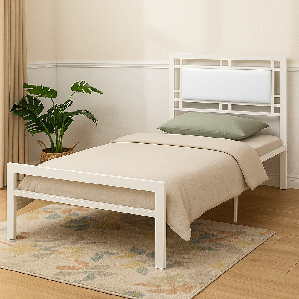 Twin Bed | Metal Frame | Leather Upholstered Headboard | White