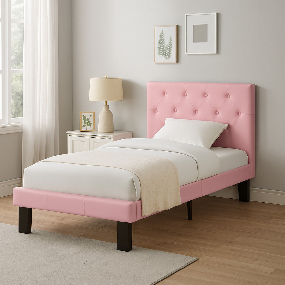 Full Bed | Faux Leather Upholstery | Tufted Headboard | Pink