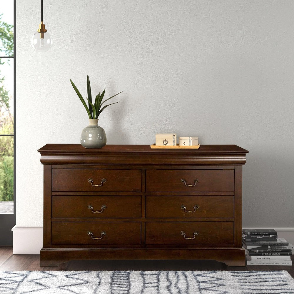 6 Drawer Wooden Dresser with Antique Pulls and Molded Top Brown By Casagear Home BM171939