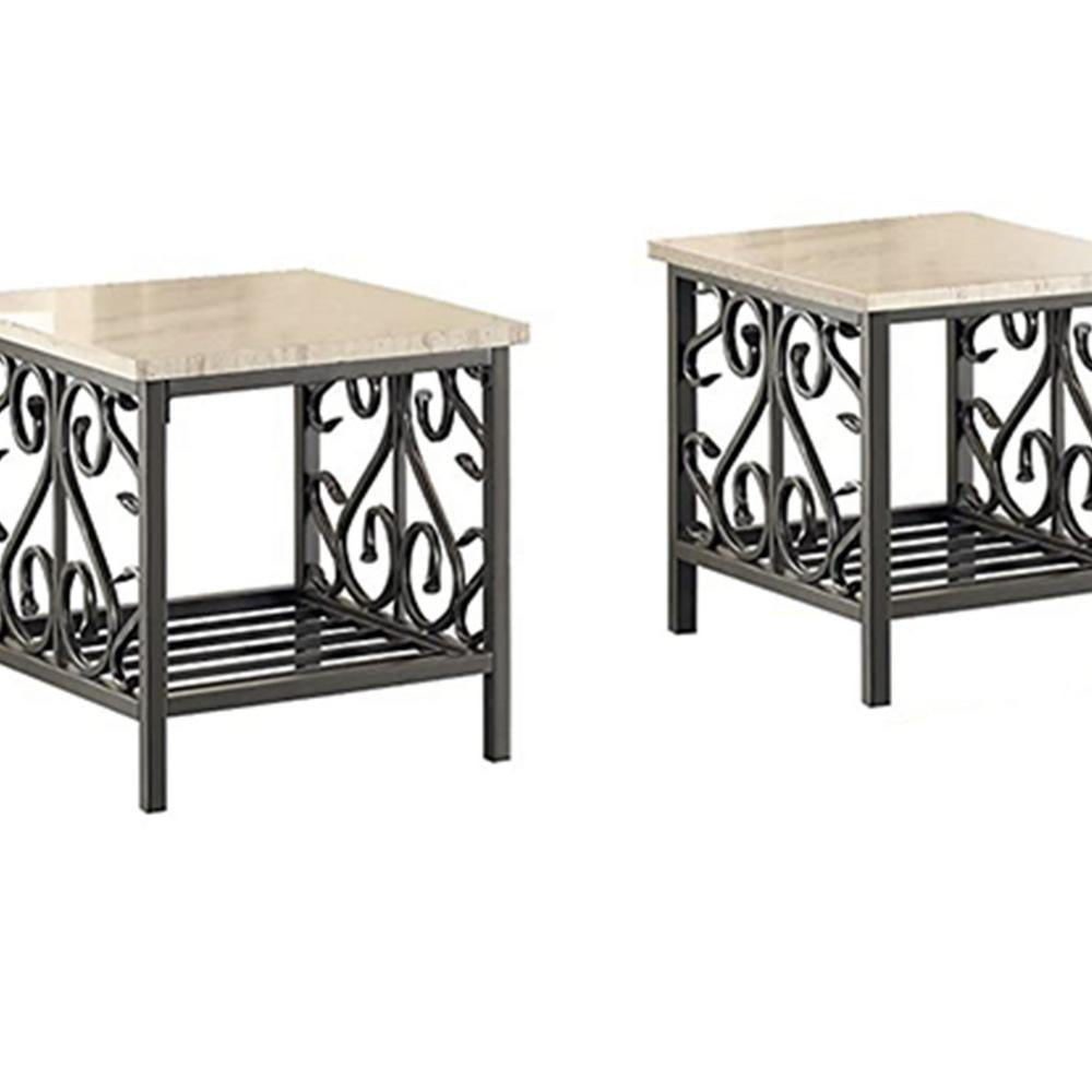 3 Piece Faux Marble Top Table Set With Decorative Metal Frame Cream & Gray HME-3580-31