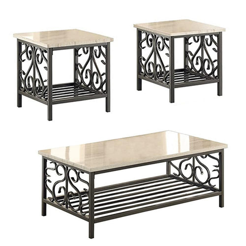 3 Piece Faux Marble Top Table Set With Decorative Metal Frame, Cream & Gray