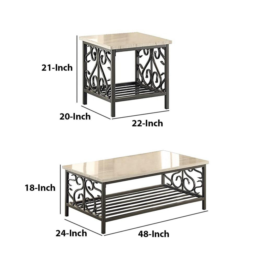3 Piece Faux Marble Top Table Set With Decorative Metal Frame Cream & Gray HME-3580-31