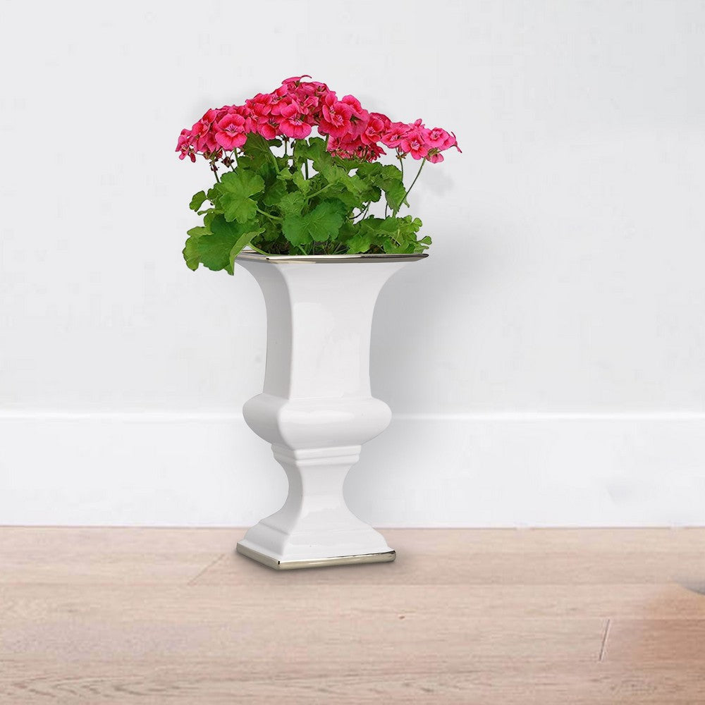 Decorative Urn | Ceramic | Large | Rectangular Opening | White & Silver