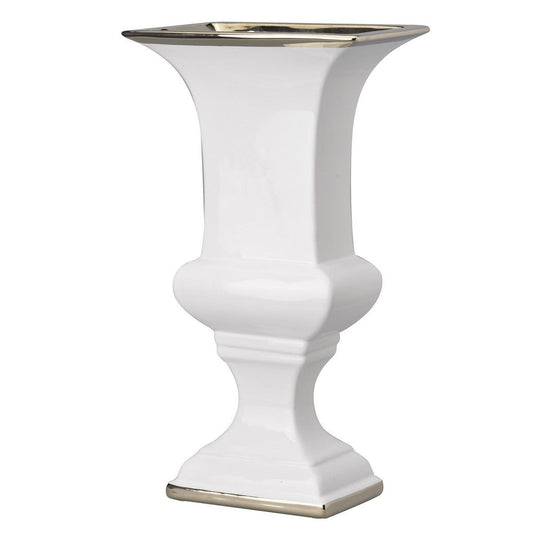 Ceramic Decorative Urn With Rectangular Opening, Large, White & Silver By Casagear Home