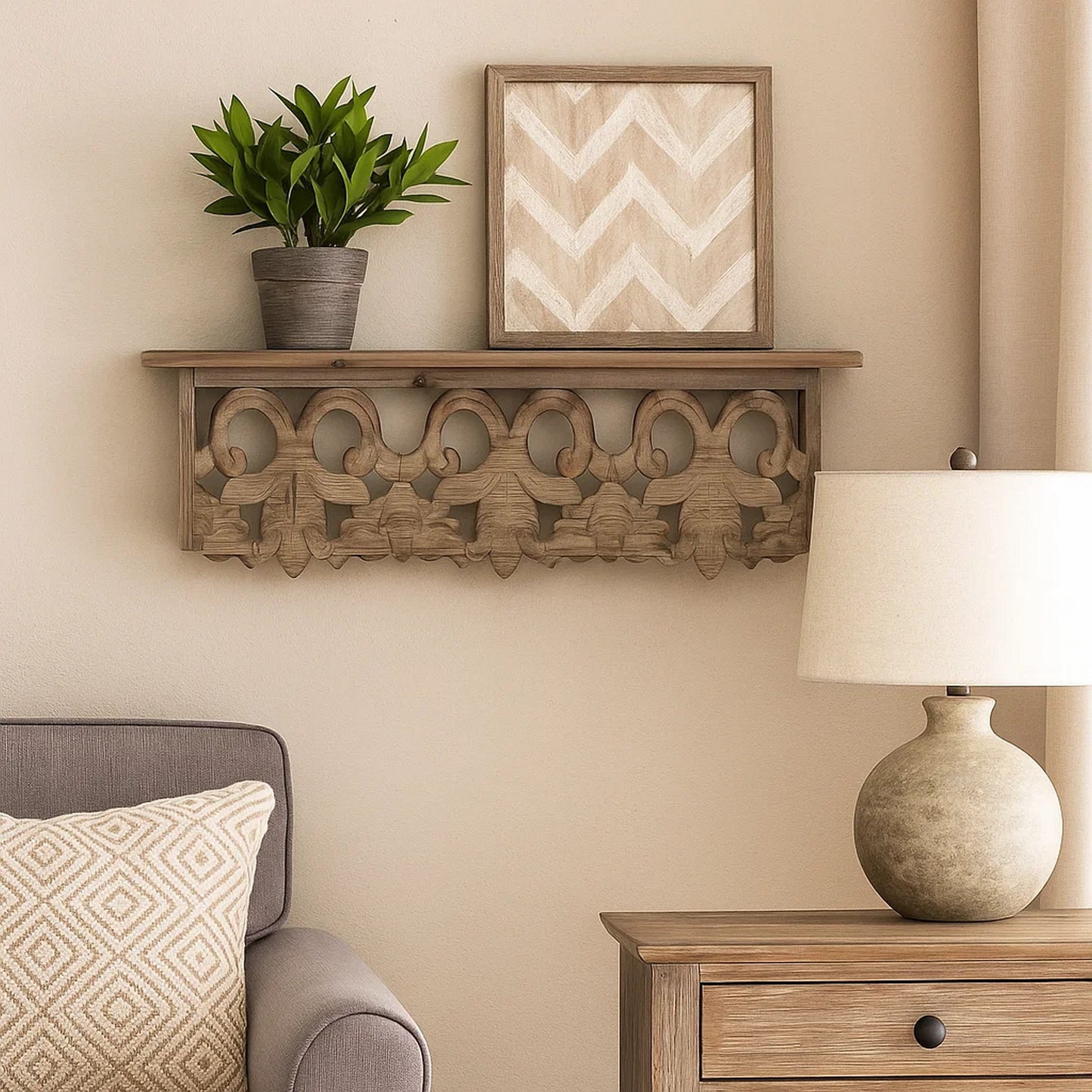 Wall Shelf | 23.5" | Wood | Scrollwork | Small | Brown