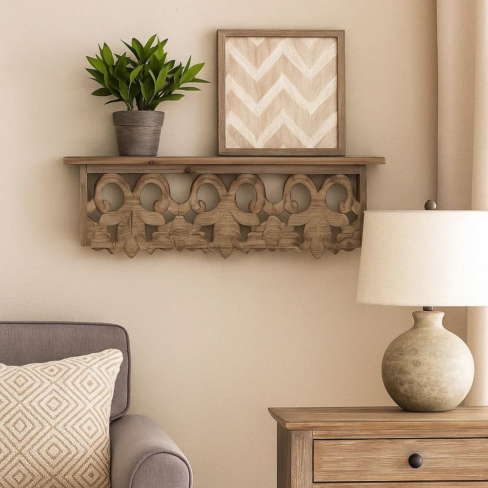 Wall Shelf | 23.5" | Wood | Scrollwork | Small | Brown