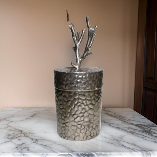 21 Inch Lidded Metal Jar, Textured Body, Branched Finial, Silver By Casagear Home