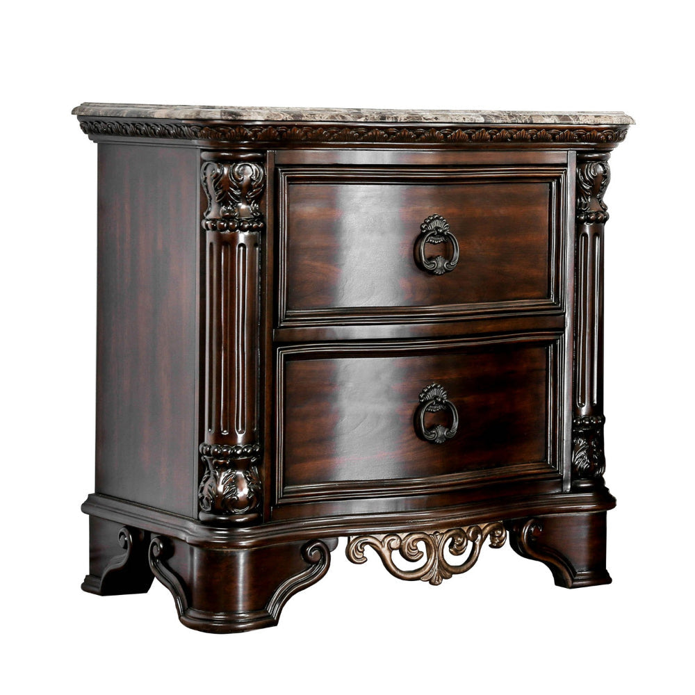 Transitional Wood Night Stand With Genuine Marble Top, Brown By The Urban Port