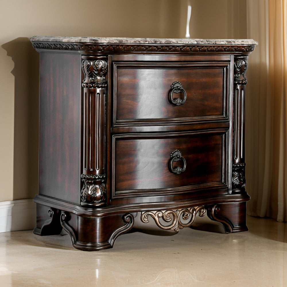 30 Inch Nightstand with 2 Drawers, Classic Marble Top, Ornate Pilasters, Dark Cherry Brown