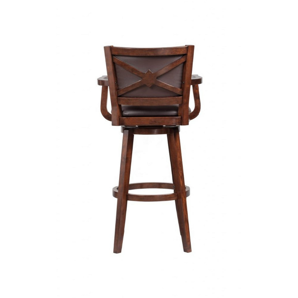 Nailhead Trim Faux Leather Upholstered Barstool with Wooden Arms, Dark Brown by Casagear Home