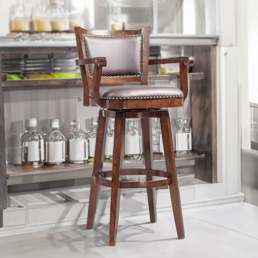 Barstool | Faux Leather | Nailhead Trim | Wood Arms | Dark Brown