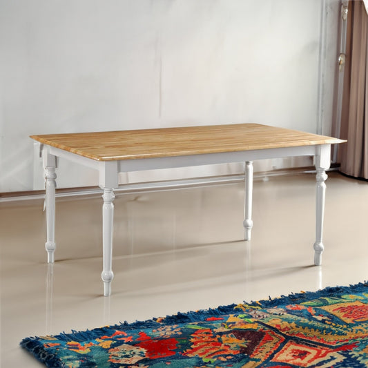 Grained Rectangular Wooden Dining Table with Turned legs, Brown and White By Casagear Home
