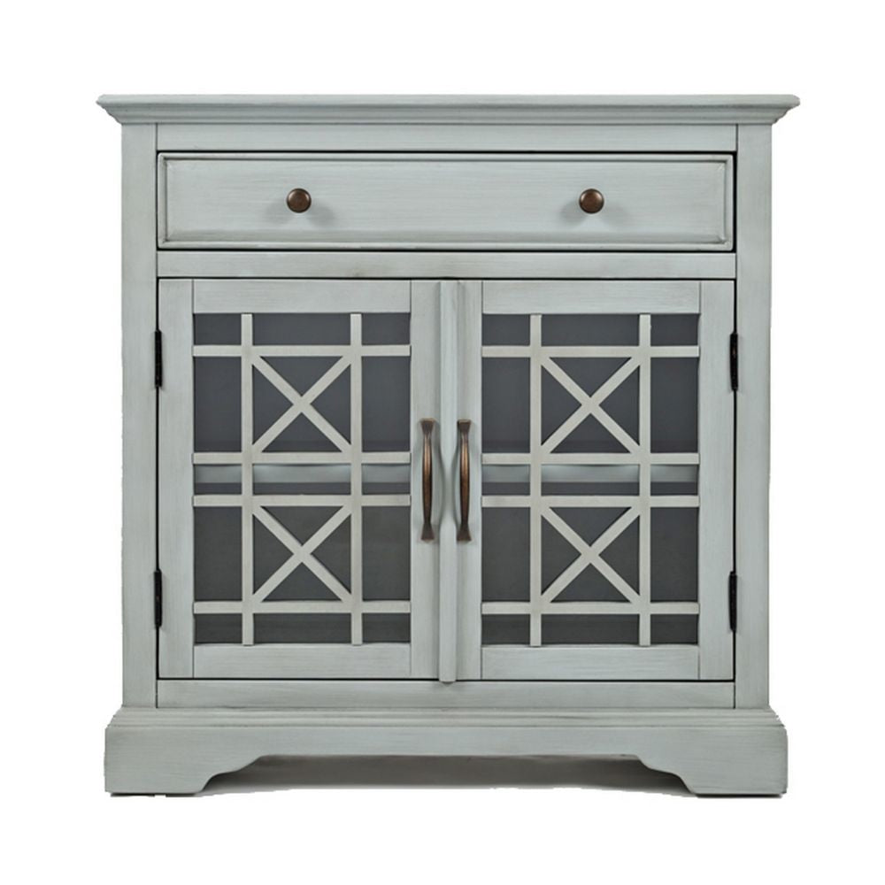 Craftsman Series 32 Inch Wooden Accent Cabinet with Fretwork Glass Front Earl Gray By Casagear Home BM184060