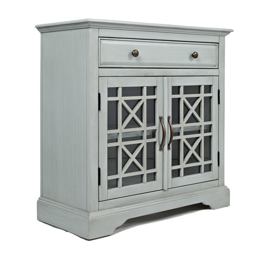 Craftsman Series 32 Inch Wooden Accent Cabinet with Fretwork Glass Front, Earl Gray By Casagear Home