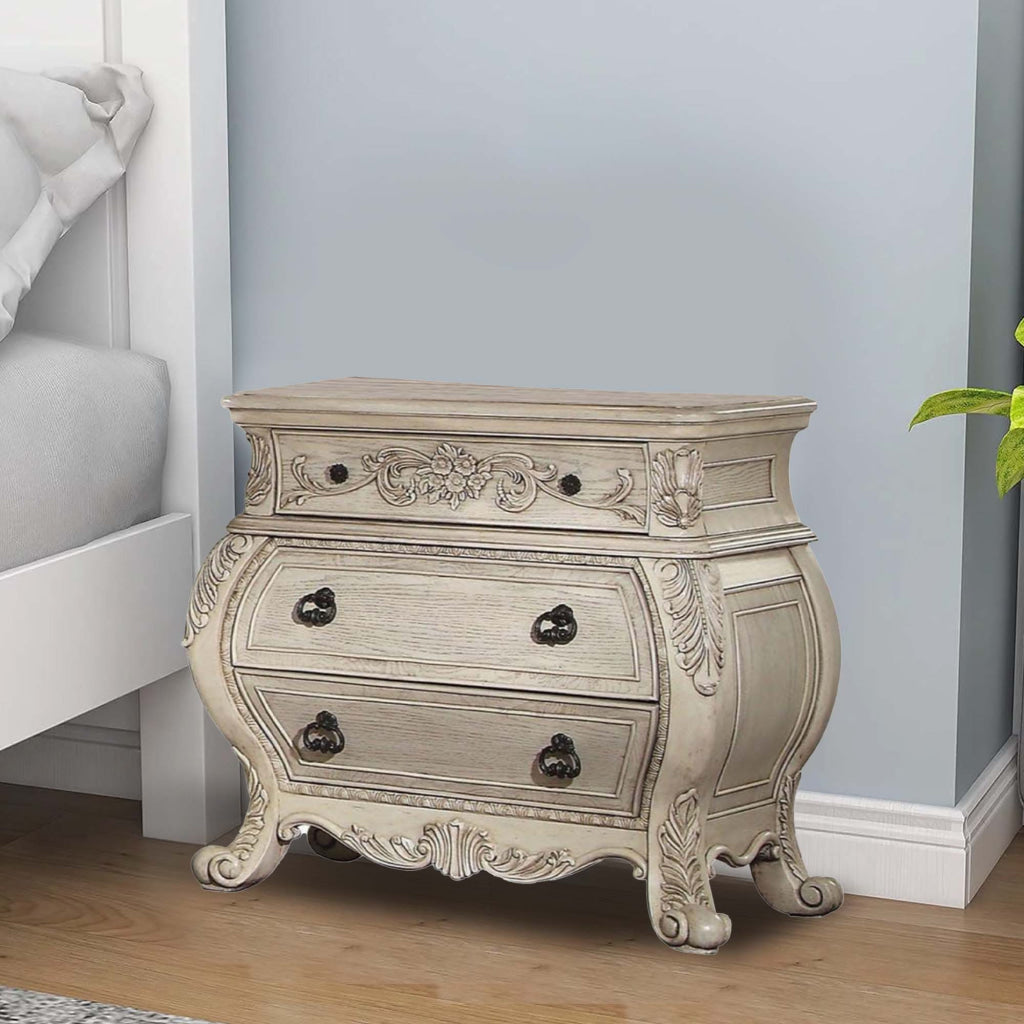 Wynne Nightstand | 3 Drawers | Scrolled Feet | Antique White