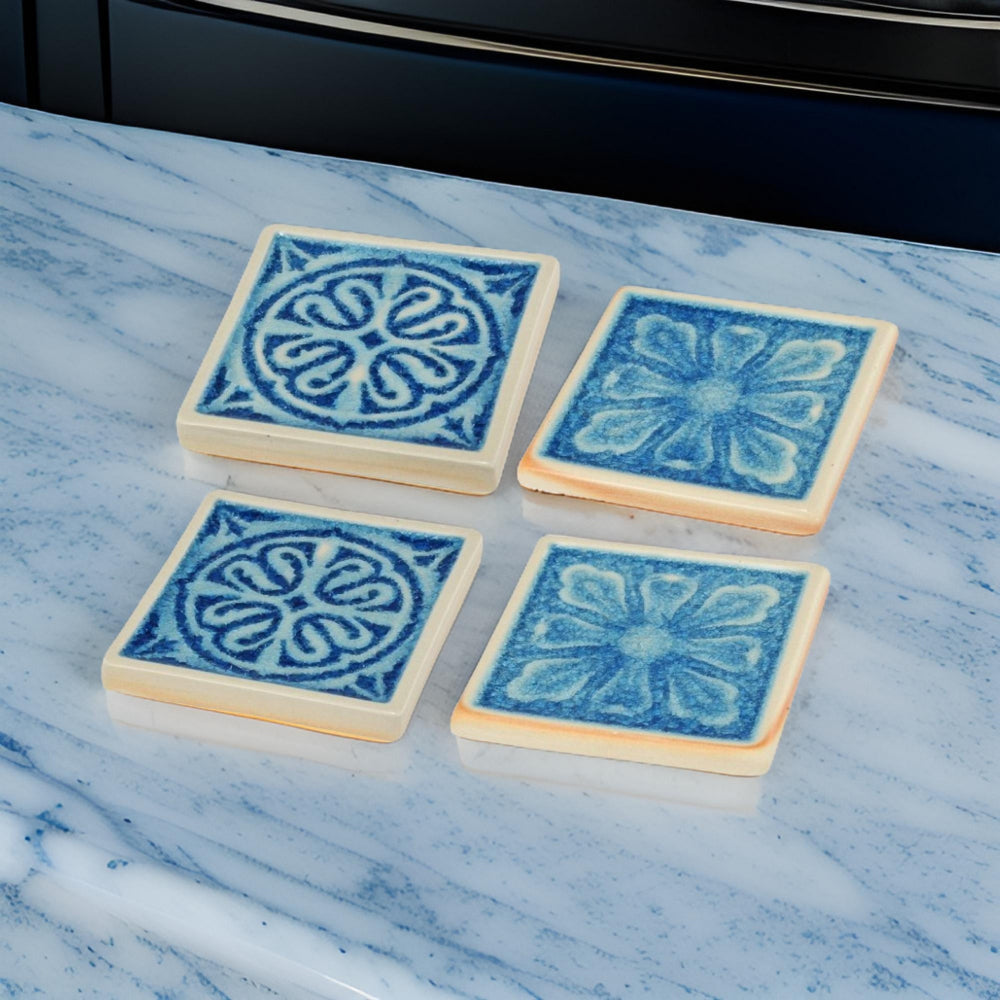 Coasters | Ceramic | Square | Intricate Detail | Set of 4 | Blue & Cream
