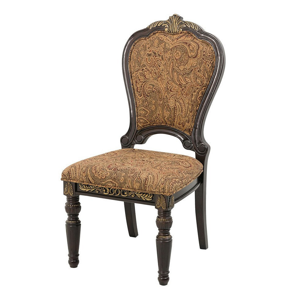 Wooden Tuscan Style Side Chair With Fabric Upholstery Set of 2 Cherry Brown By Casagear Home BM186013