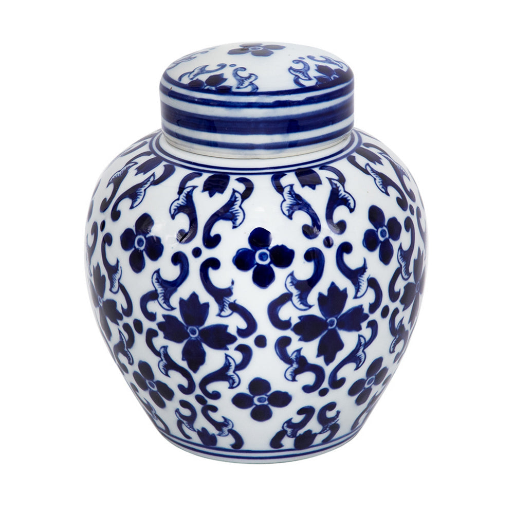 Traditional Style Urn Shape Ceramic Lidded Jar with Floral Pattern, White and Blue By Casagear Home