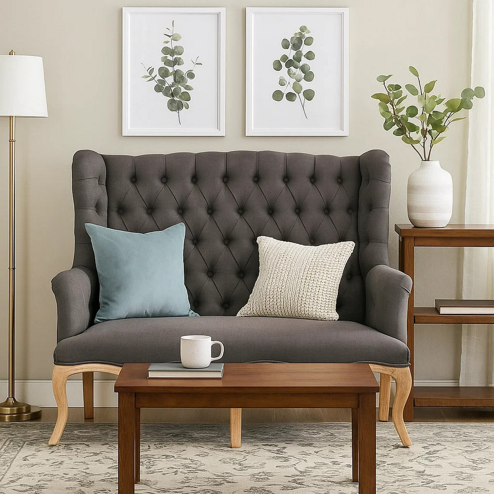 Settee | Fabric Upholstered | Button Tufted | Gray & Brown