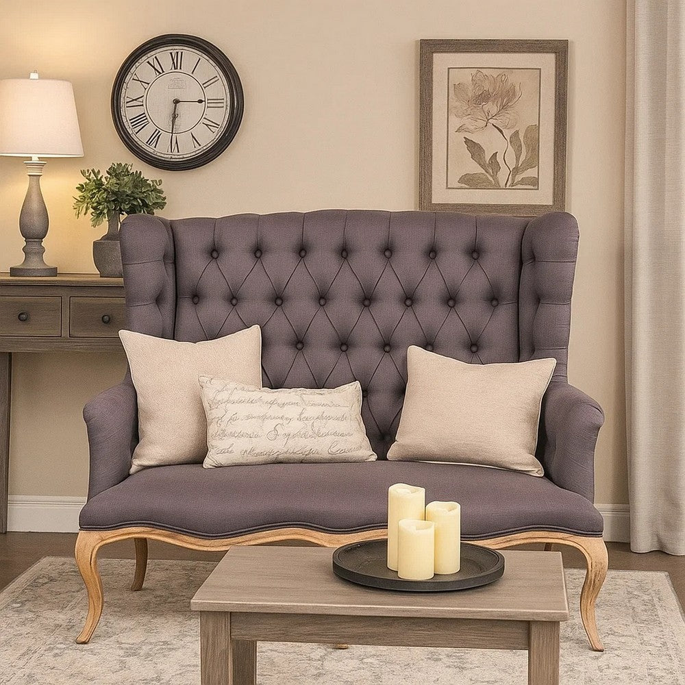 Settee | Fabric Upholstered | Button Tufted | Gray & Brown