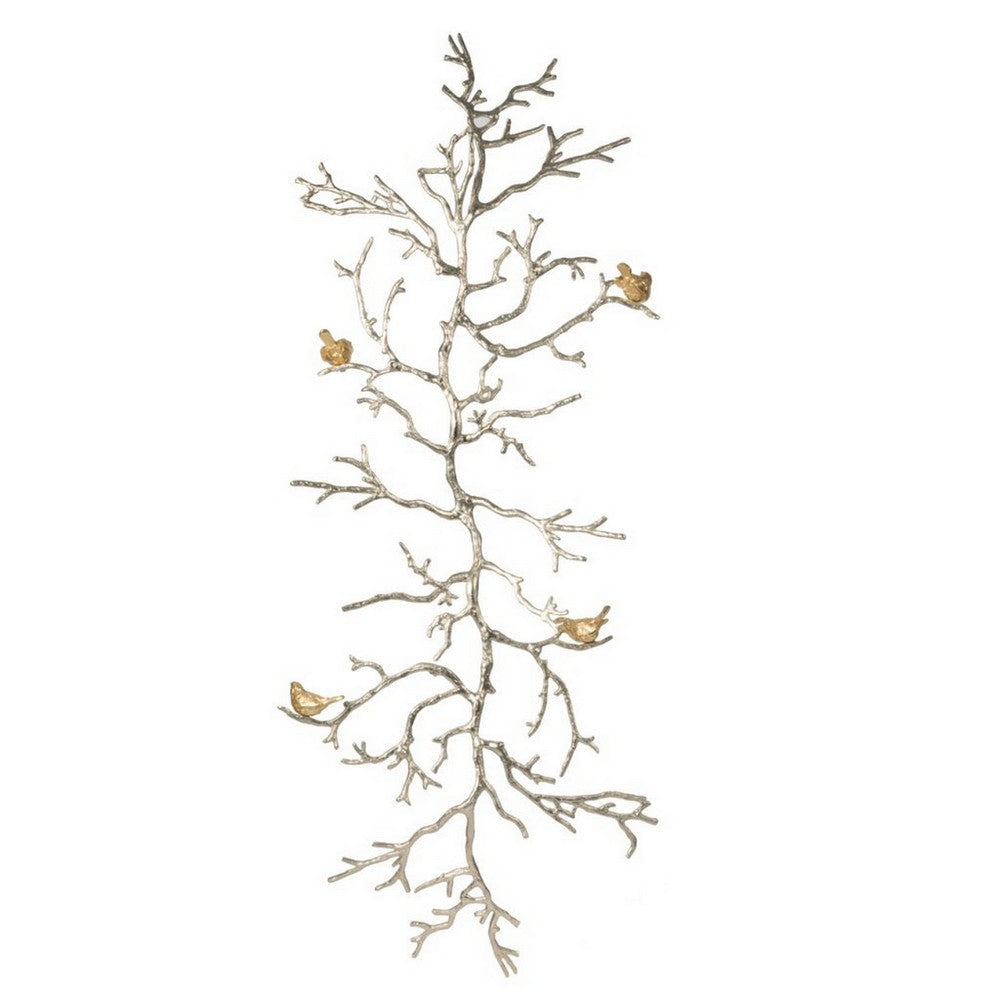 Wall Decor | Branch Shape | Aluminum | 4 Birds | Silver & Gold BM187972