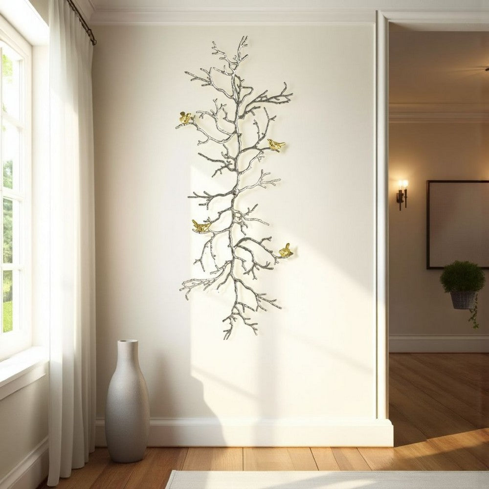 Wall Decor | Branch Shape | Aluminum | 4 Birds | Silver & Gold