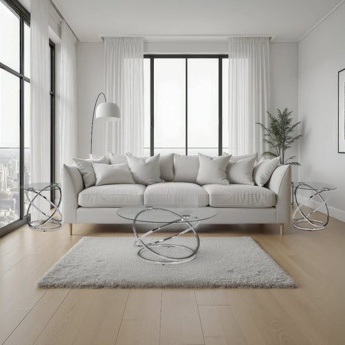 Ashley 3 Piece Conversation Table Set | Glass Top | Metal Ring Base | Clear & Silver