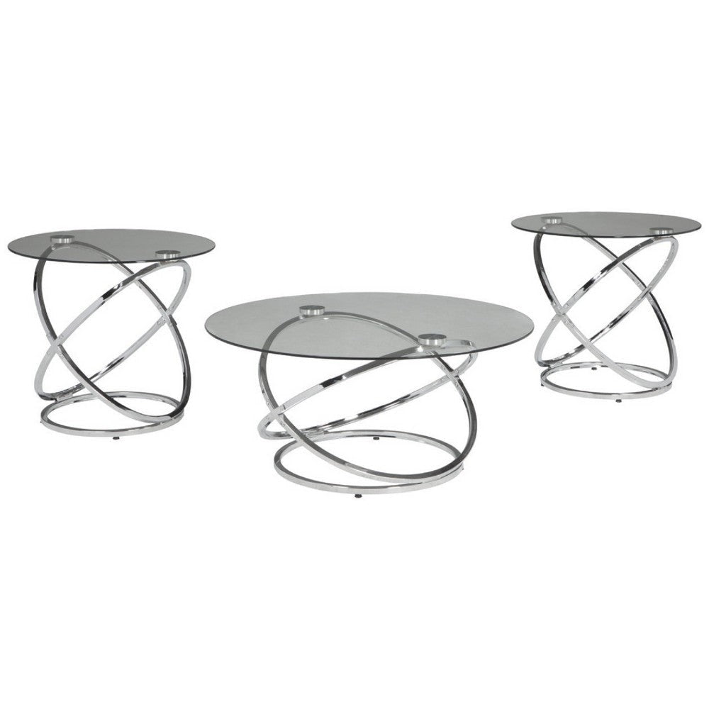Ashley 3 Piece Conversation Table Set | Glass Top | Metal Ring Base | Clear & Silver BM190116