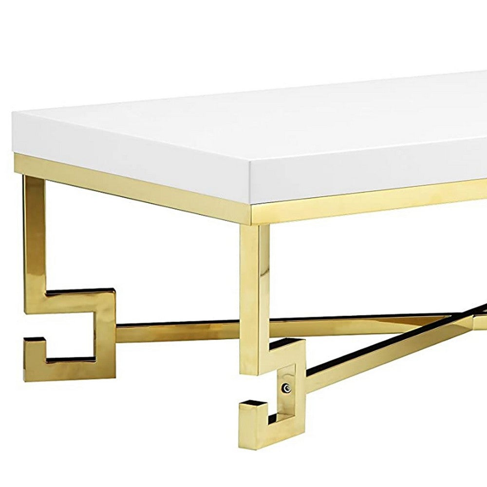 Wooden Coffee Table with Designer Metal Feet and X Crossed Support, White and Gold