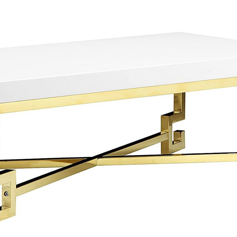Wooden Coffee Table with Designer Metal Feet and X Crossed Support, White and Gold