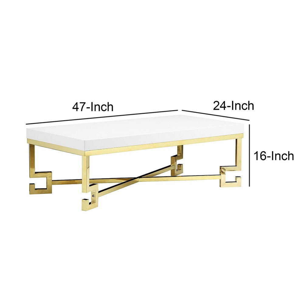 Wooden Coffee Table with Designer Metal Feet and X Crossed Support, White and Gold