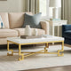 Wooden Coffee Table with Designer Metal Feet and X Crossed Support, White and Gold