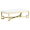 Wooden Coffee Table with Designer Metal Feet and X Crossed Support, White and Gold