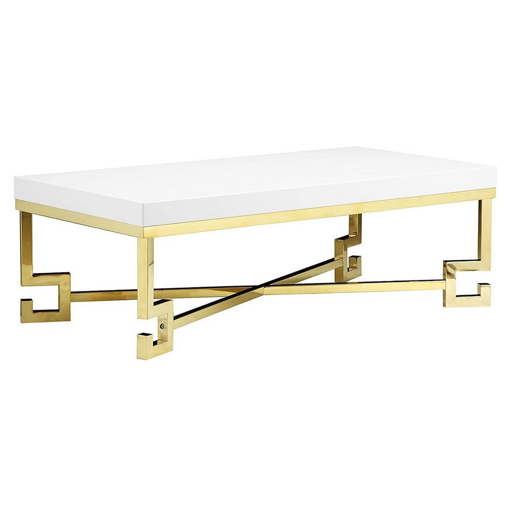 Wooden Coffee Table with Designer Metal Feet and X Crossed Support, White and Gold