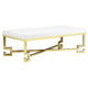 Wooden Coffee Table with Designer Metal Feet and X Crossed Support, White and Gold